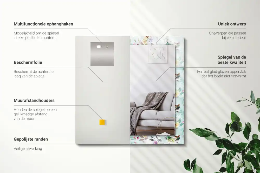 Rectangular wall mirror design Floral and Birds