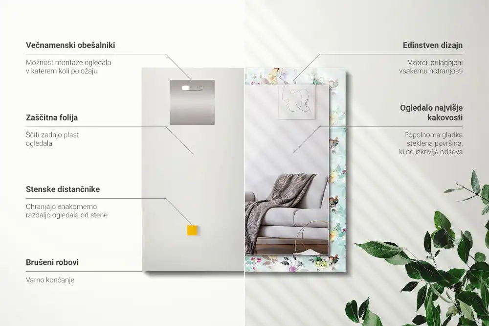 Rectangular wall mirror design Floral and Birds