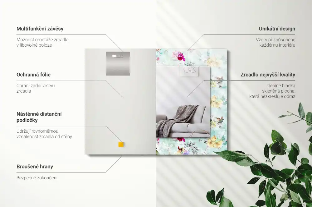 Rectangular wall mirror design Floral and Birds