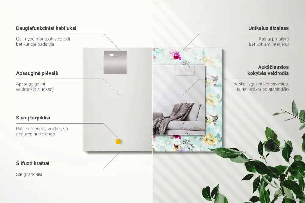 Rectangular wall mirror design Floral and Birds