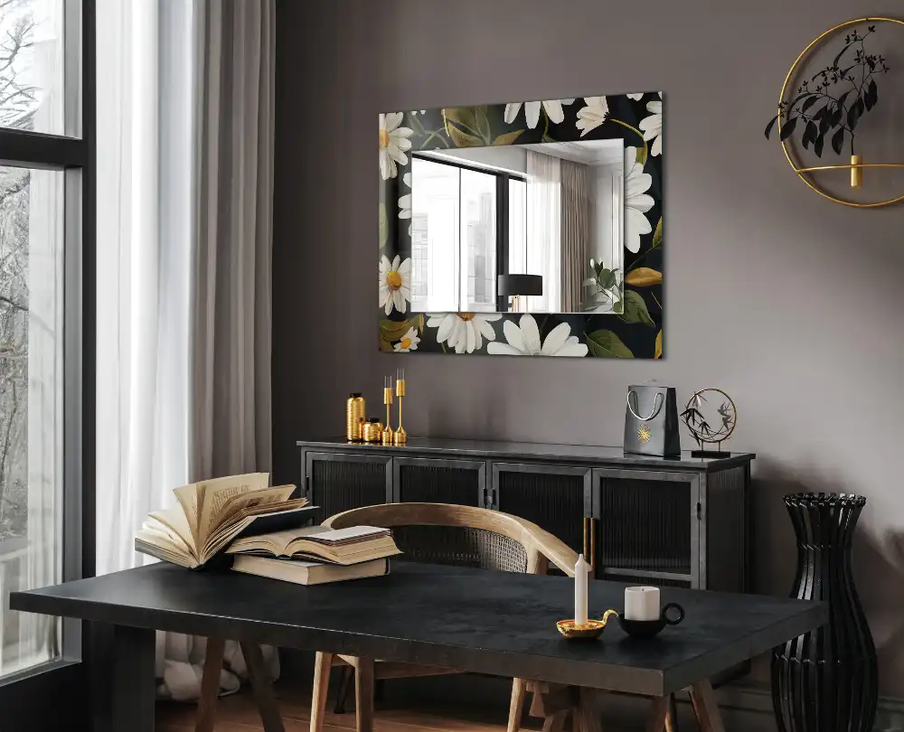 Rectangular decorative mirror White daisy leaves