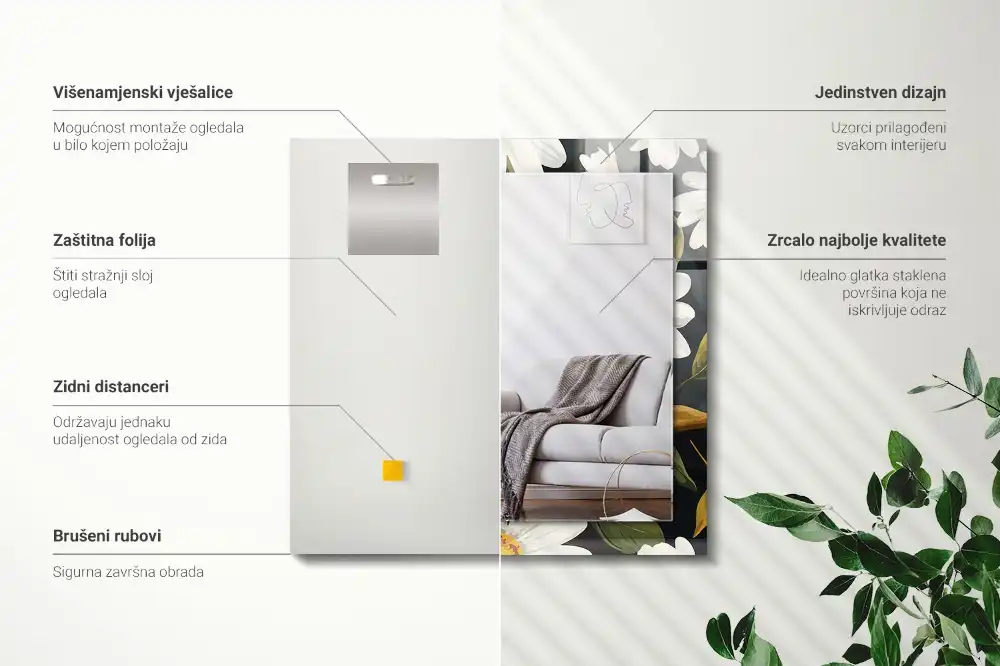 Rectangular decorative mirror White daisy leaves