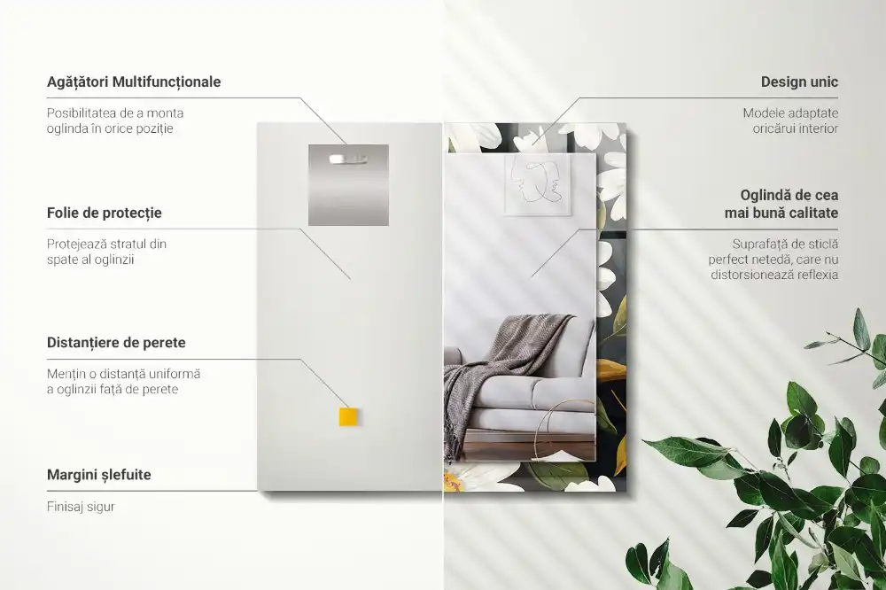 Rectangular decorative mirror White daisy leaves