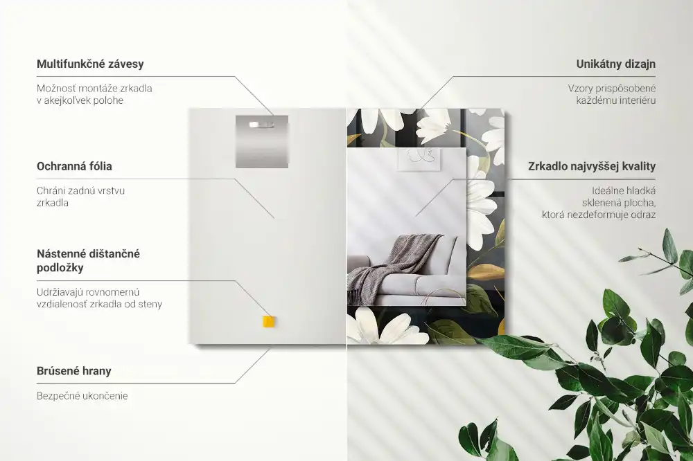 Rectangular decorative mirror White daisy leaves