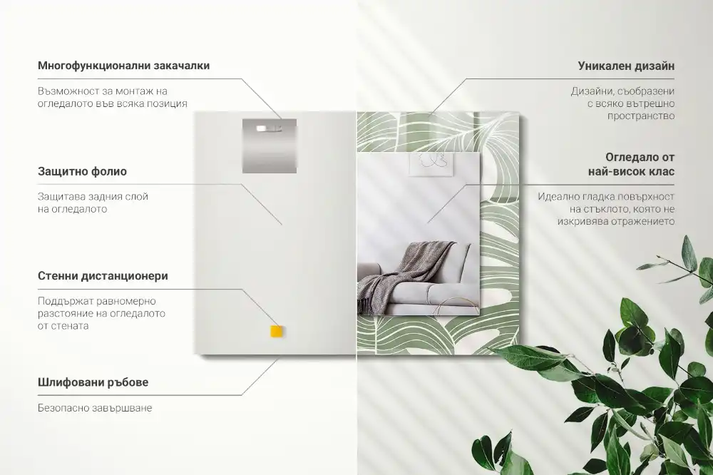 Rectangular wall mirror design Monstera leaves