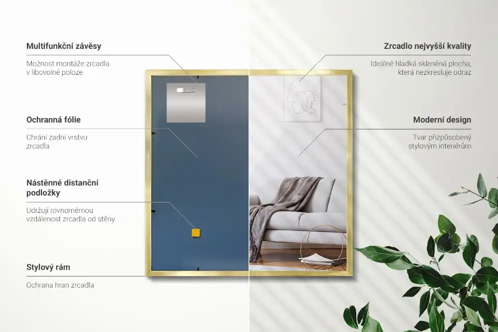 Rectangular hanging mirror with a gold frame