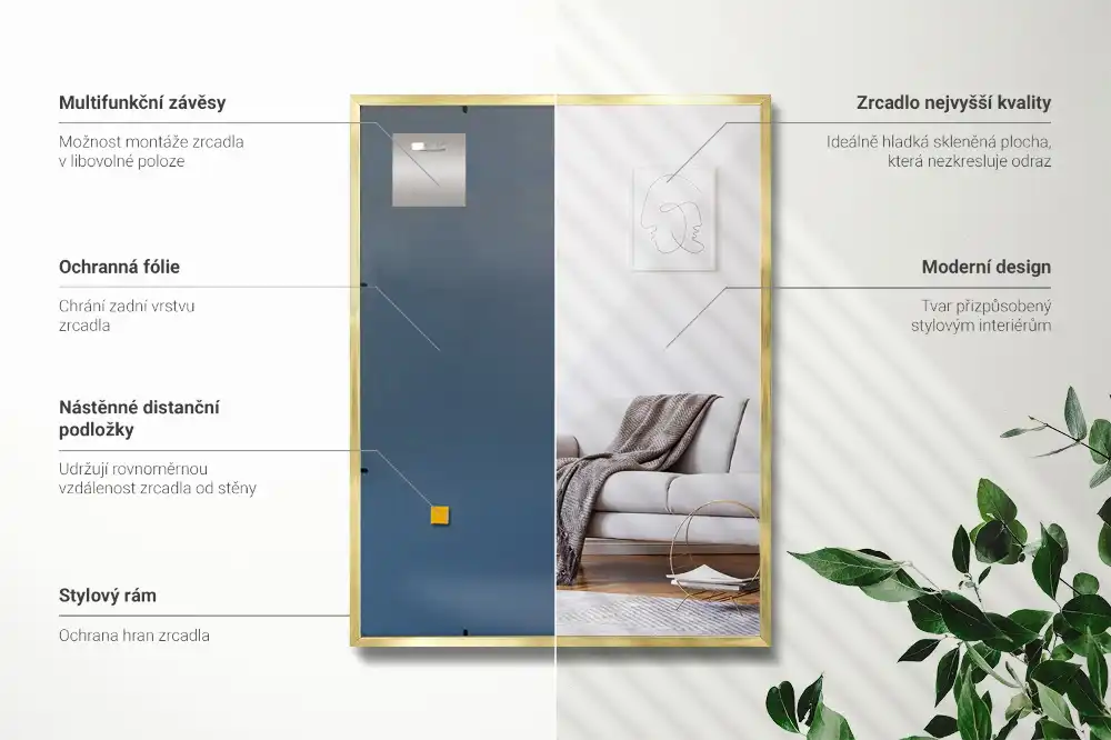 Rectangular hanging mirror with a gold frame