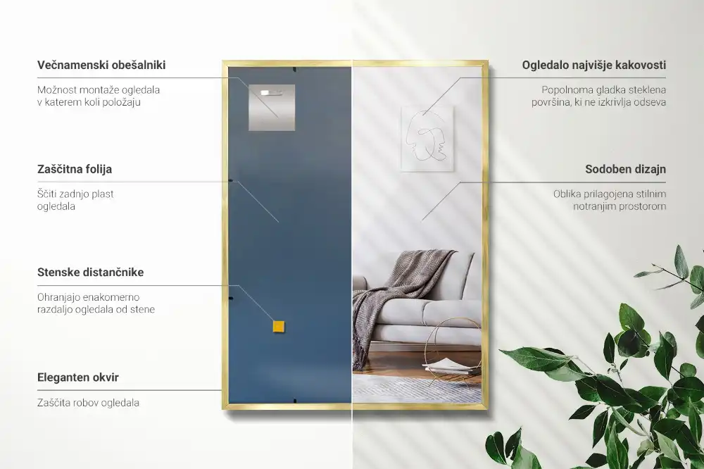 Rectangular hanging mirror with a gold frame