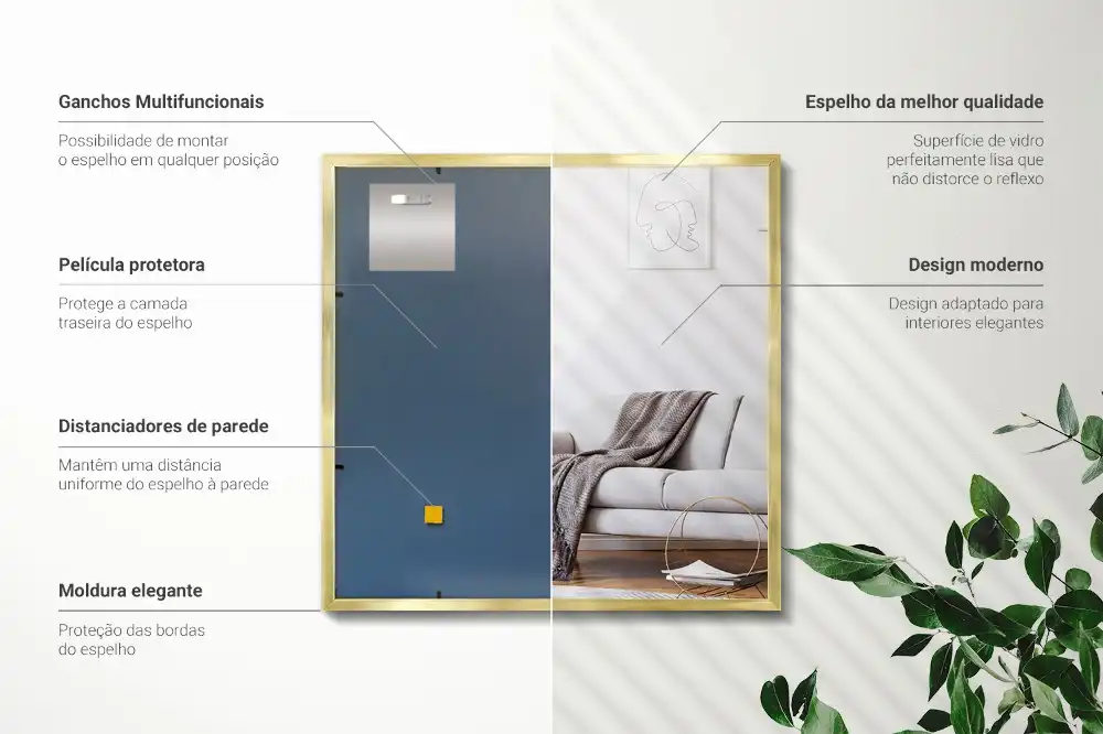 Rectangular hanging mirror with a gold frame